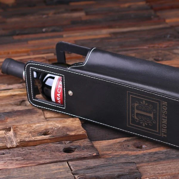 PERSONALIZED SINGLE BOTTLE WINE HOLDER/POUCH – BLACK LEATHER - Image 4