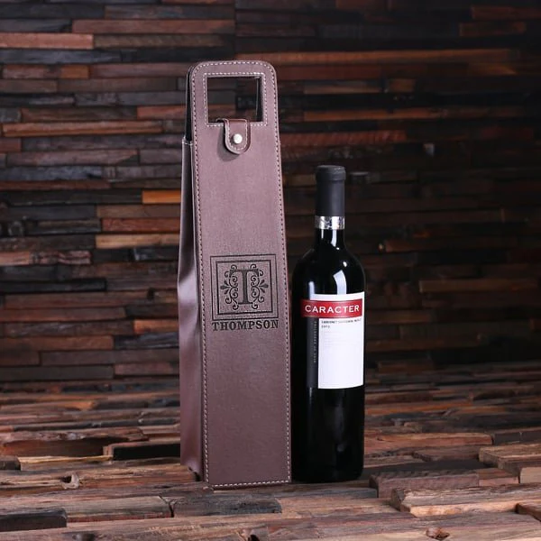 PERSONALIZED SINGLE BOTTLE WINE HOLDER/POUCH – BROWN LEATHER - Image 4